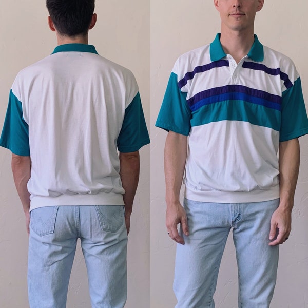 80s teal striped polo shirt / Members Only collared 1980s short sleeve shirt / mens size medium large