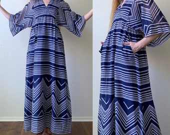 70s angel sleeve boho maxi dress, vintage 1970s navy and white zig zag striped dress,  womens size small