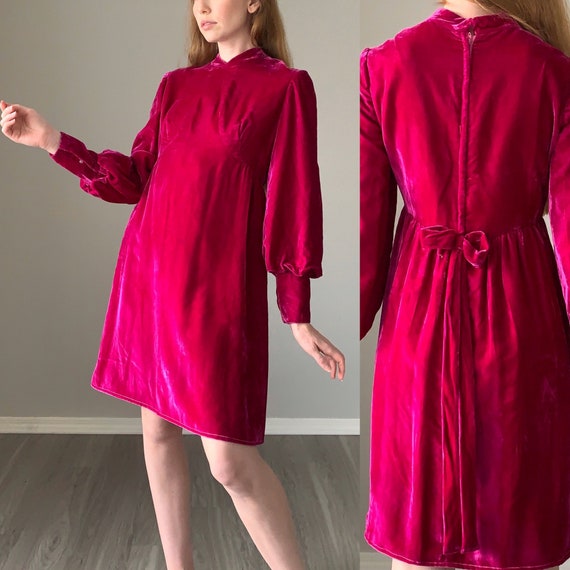 Vintage 1970s Dress / Velvet Bishop Sleeve 70s Dre