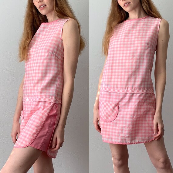 Vintage 1960s Romper / Plaid Gingham Dropwaist 60s