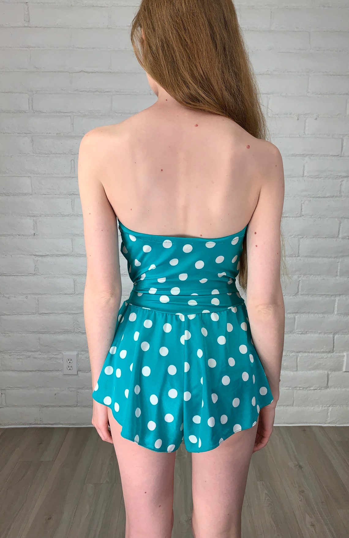 Vintage 1980s Swimsuit / Teal Polka Dot Strapless 80s Swimsuit Etsy