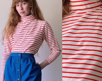 70s striped turtleneck top, sailor style red and white long sleeve shirt, womens size medium