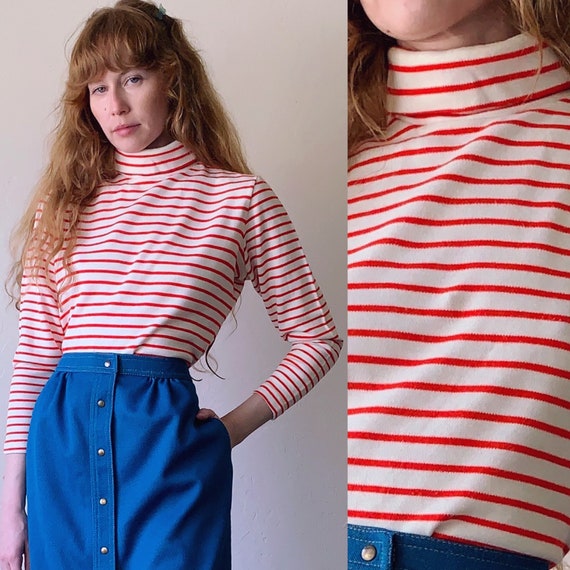 70s striped turtleneck top, sailor style red and … - image 1