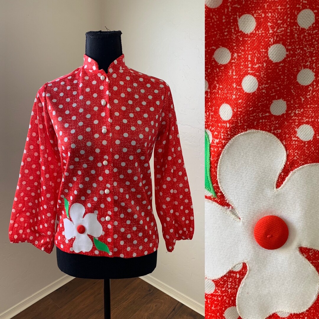 70s Eileen Scott Polka Dotted Blouse| Vintage Green and Black blouse with statement lapels