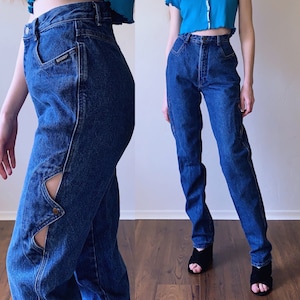 90s  cut out leg Rockies jeans, high waist straight leg dark wash denim bareback jeans, womens size medium 27 waist