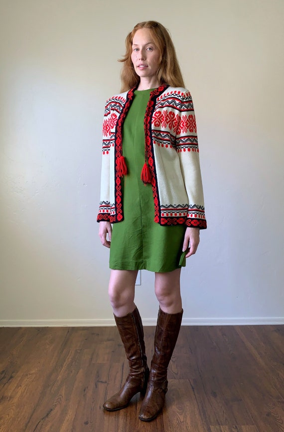 60s Nordic style knit cardigan, heart pattern tie… - image 2
