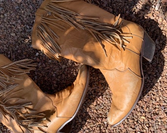 Bottes à franges en cuir des années 80, bottes western Dingo mi-mollet marron camel, taille pour femme 8,5-9