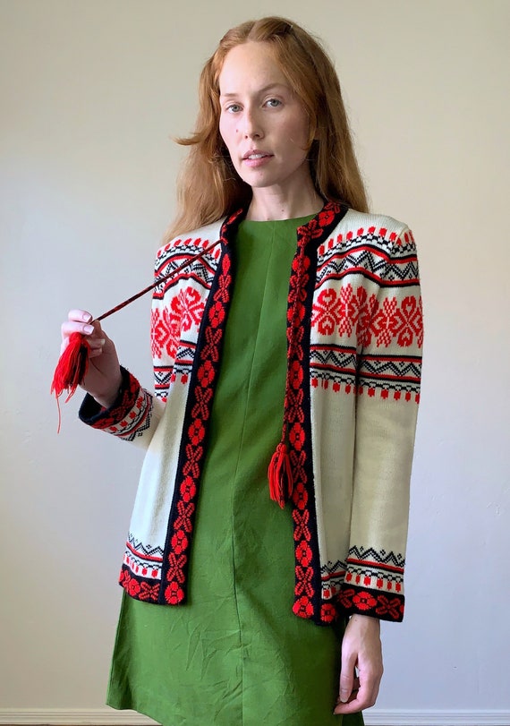 60s Nordic style knit cardigan, heart pattern tie… - image 3