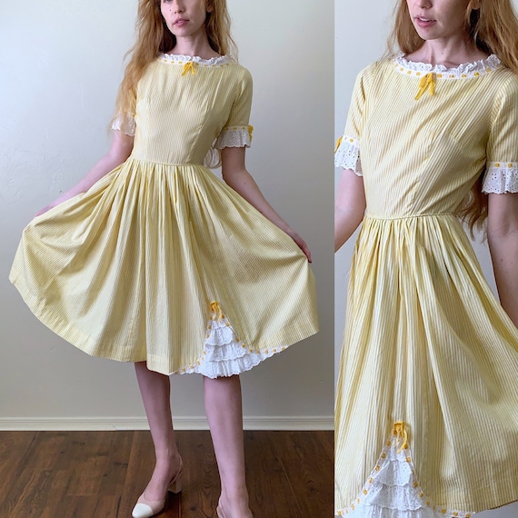 60s fit and flare party dress, striped canary yel… - image 1