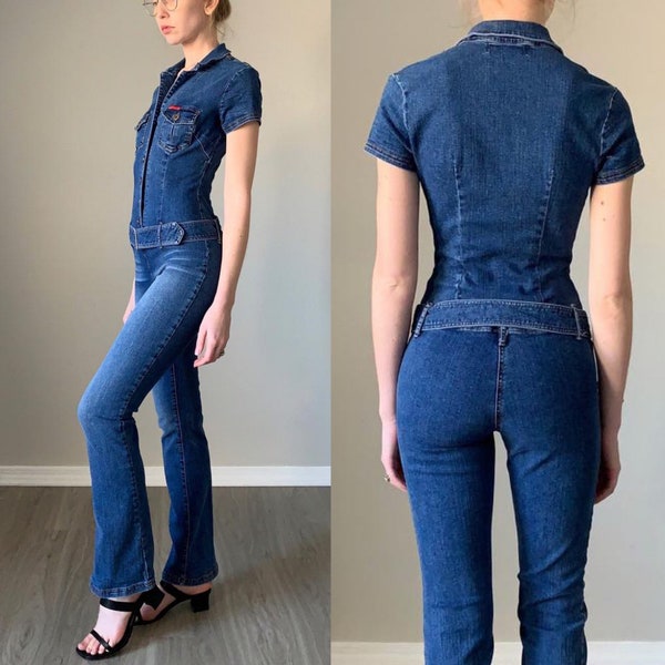 Vintage 1990s does 70s Jumpsuit / Dark Wash Denim Skin Tight Short Sleeve 90s Jumpsuit / Hip Hugger Collared 90s Jean Jumpsuit / Size XS