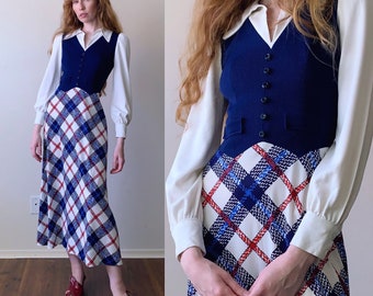 70s plaid maxi dress, dagger collar faux vest long sleeve mod a-line dress, womens size xxs petite