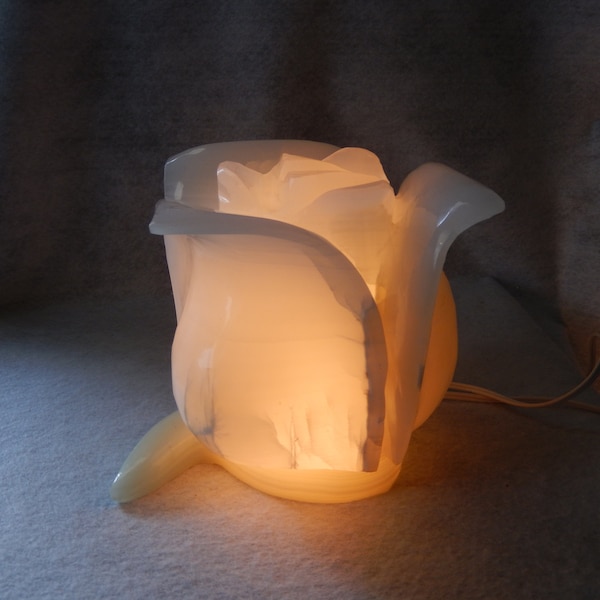 Carved Onyx Stone Flower Table Lamp Light Base Large Heavy Marble Quartz Rose ~ Free Shipping