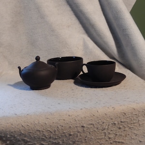 Lot Wedgwood Black BASALT Sugar Bowl Cup Saucer Flat Jasperware Lidded ~Free Shipping!