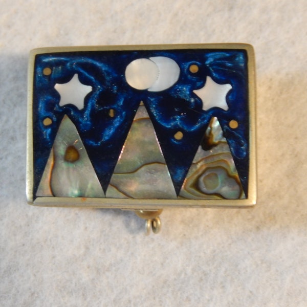 Vintage Alpaca SILVER Inlaid Abalone MOP Shell Moon Star Trinket Box Snuff Pill ~FREE Shipping