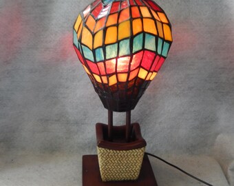 13" Stained Glass HOT AIR BALLOON Table Lamp Wood Basket Light Tiffany Style ~ Free Shipping