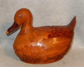 Chinese Shanghai Handicrafts DUCK Lacquered Wood Box Wicker Woven Vintage Solid ~FREE Shipping
