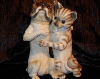 Antique Porcelain Bulldog Tabby Cat Tall BANK Glass Eyes 11" Dog Double Vintage ~Free Shipping