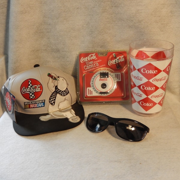 Mixed Lot Vintage COCA~COLA Nascar Cap Hat SUNGLASSES Thermos Camera Coke Glass~ Free Shipping!