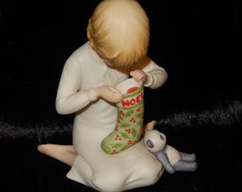 CYBIS Porcelain 1980 CHRISTMAS Stocking Child Bear Figure USA Bisque ~Free Shipping