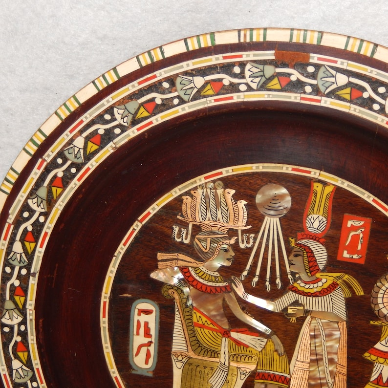 LARGE Antique Egyptian Wood Inlay Inlaid MOP Bone Egypt HIEROGLYPHICS Wall Plate Free Shipping!
