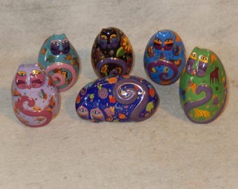 Set 6 LAUREL BURCH Cat Franklin Mint Porcelain Egg Figurines Feline Kitty Vintage ~Free Shipping
