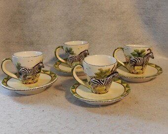 Set 4 Cups Saucer Intu-Art 3D Hand Painted ZEBRA African Pottery Demitasse 8 Pc ~ Free Shipping!
