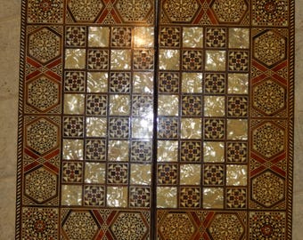 Antique 20" Eastern Mosaic Inlaid Wood Folding Box Board Checkers Backgammon MOP ~ FREE Shipping!