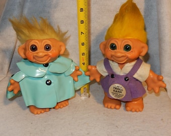 Lot 2 Vintage THOMAS DAM Thing Troll BANK Raincoat Felt Girl Yellow Hair Denmark ~Free Shipping!