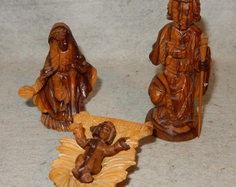 Vintage Hand Carved OLIVE WOOD 3Pc NATIVITY Set Bethlehem Mary Joseph Baby Jesus~ Free Shipping!