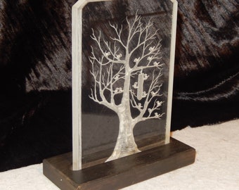 1975 Signed Ronald FOX Mounted 7" TREE Birds Lucite Acrylic Etched Engraved ~ Free Shipping!