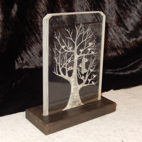 1975 Signed Ronald FOX Mounted 7" TREE Birds Lucite Acrylic Etched Engraved ~ Free Shipping!