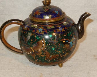 Antique Japanese Meiji Cloisonne TEAPOT Goldstone Butterflies Fleck Enamel Brass  FREE ~Shipping