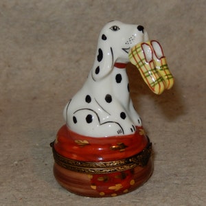 LIMOGES France Peint Main Spotted DOG Slippers Bone Porcelain Hinged Trinket Box ~Free Shipping