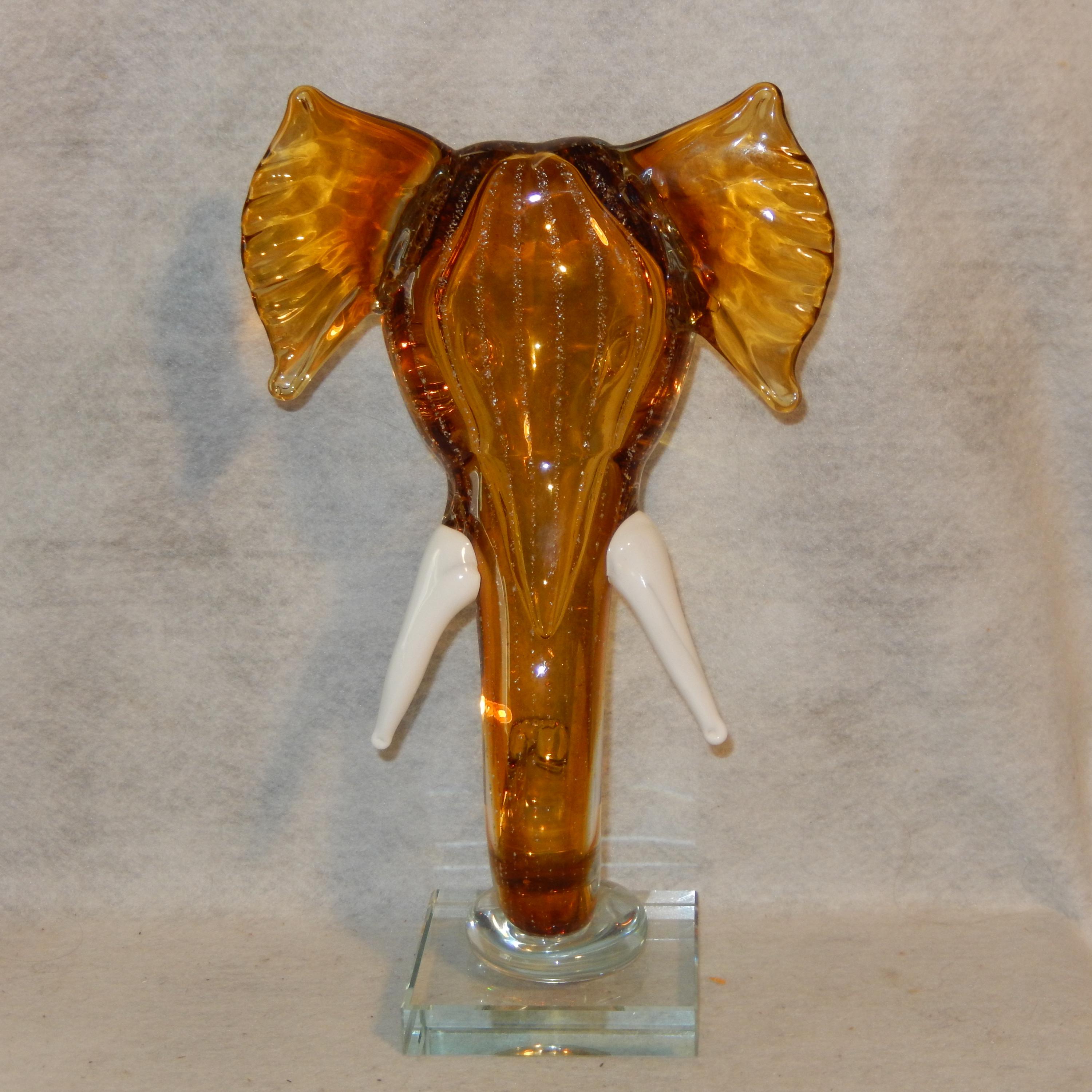 13インチ アートガラス 象の頭 牙 吹き金グリッター ムラーノ