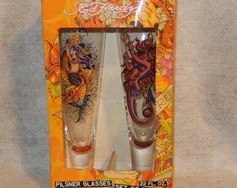 Set 2 Ed HARDY Pilsner Beer Glasses GOOD EVIL Mermaid Tattoo 22 Oz Bar Vintage ~Free Shipping