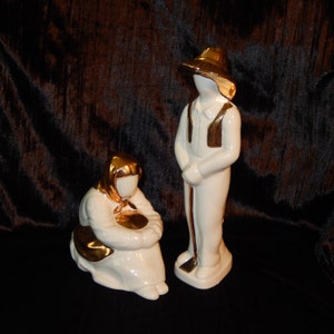 Pair 2 NADAL Spain Porcelain FARMER COUPLE Man Woman Gold Gilt White Amish Rare ~ Free Shipping