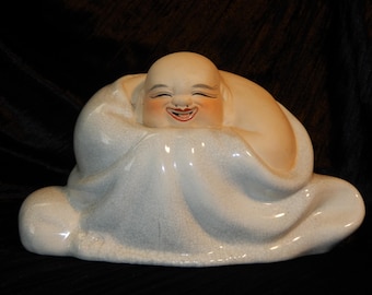 Vintage 10" Happy Laughing BUDDHA Crackle Glaze Pottery Bisque Head Hand Painted ~ FREE Shipping