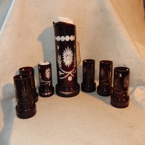Bohemian RUBY Red Cut to Clear Pitcher Tumblers Lemonade 6 Glass Set Tall Heavy ~Free Shipping