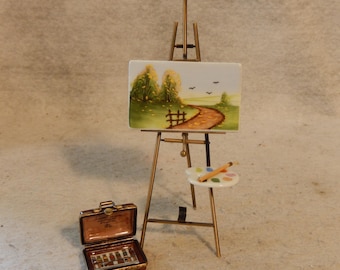 LIMOGES France LANDSCAPE Miniature Painting Easel Suitcase Porcelain Trinket Box ~Free Shipping