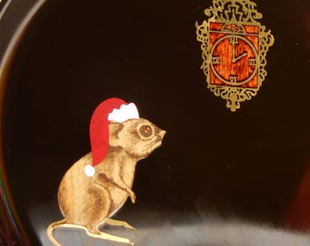 Rare CHRISTMAS Mouse COUROC Black Inlaid Plate Tray Vintage Inlay ~ Free Shipping