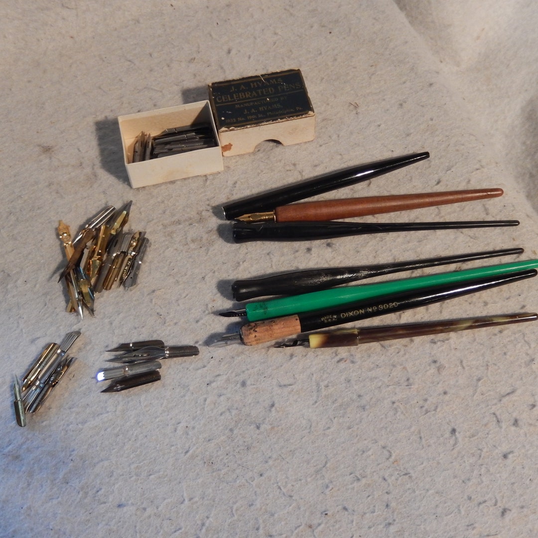 Lot 7 Vintage Dip Pens Ink HUNTS CROW QUILL Box Hyams Nibs Imperial