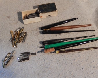 Lot 7 Vintage Dip Pens Ink HUNTS CROW QUILL Box Hyams + Nibs Imperial Leonard  ~Free Shipping