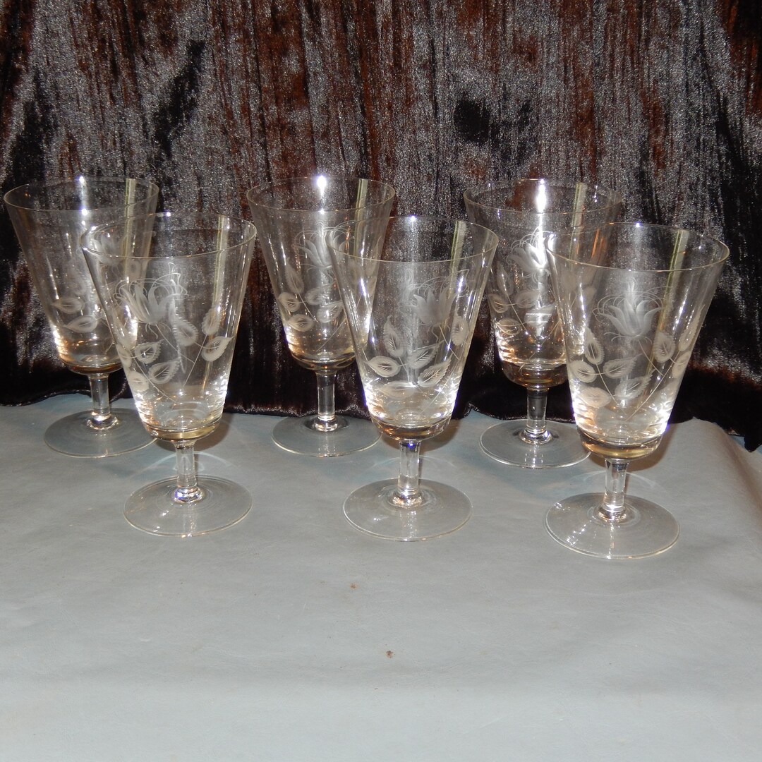 Set 6 Vintage ROSENTHAL Etched Crystal Water Goblet Shadow ROSE Stem ...