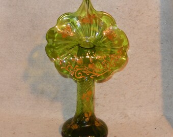 Antique Bohemian Glass Jack In Pulpit Vase Enameled Flowers Green Orange JIP Tulip 11" ~ Free Shipping