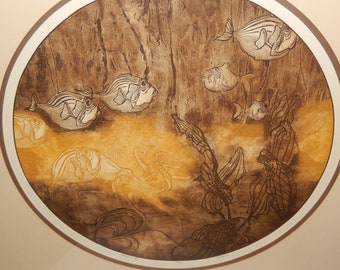 Signed Bette SAIBERLICH Woodblock Print 9/100 Bathysphere VII Octopus Fish Ocean ~Free Shipping