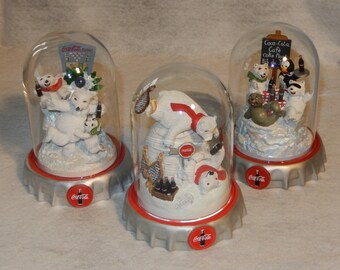 Set 3 Coca Cola 1995 1998 Limited Edition Glass DOME Polar Bears COKE Figure Mint ~ Free Shipping!