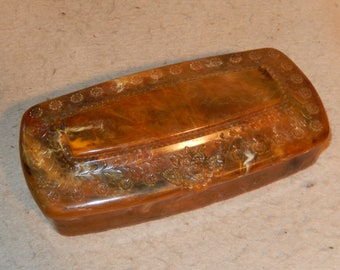 Caja con bisagras dividida de plástico duro veteado marrón vintage Cabeza de gárgola Celuloide ~ Envío gratis