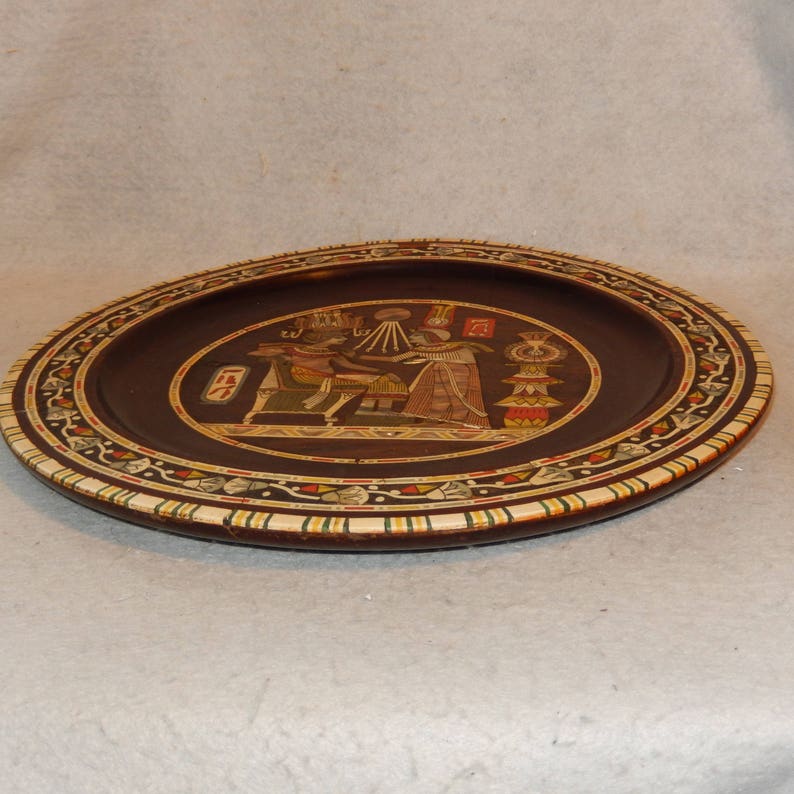 LARGE Antique Egyptian Wood Inlay Inlaid MOP Bone Egypt HIEROGLYPHICS Wall Plate Free Shipping!