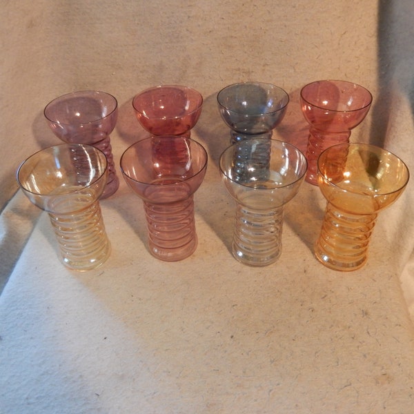 Set 8 Mixed Color 1930s DUNBAR Glass ARAMIS Ringed Tumblers Iridescent Gold Pink ~Free Shipping