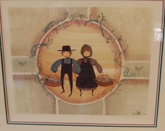 1990 P Buckley Moss SIGNED Numbered BASKETS Of JOY Couple Framed Lim Ed Matted ~ Free Shipping